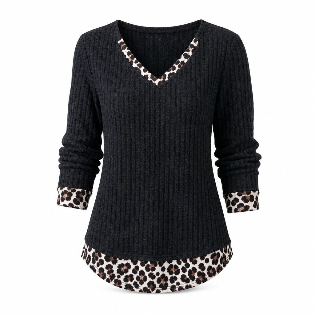 Maglione donna in maglia a coste con effetto sovrapposto