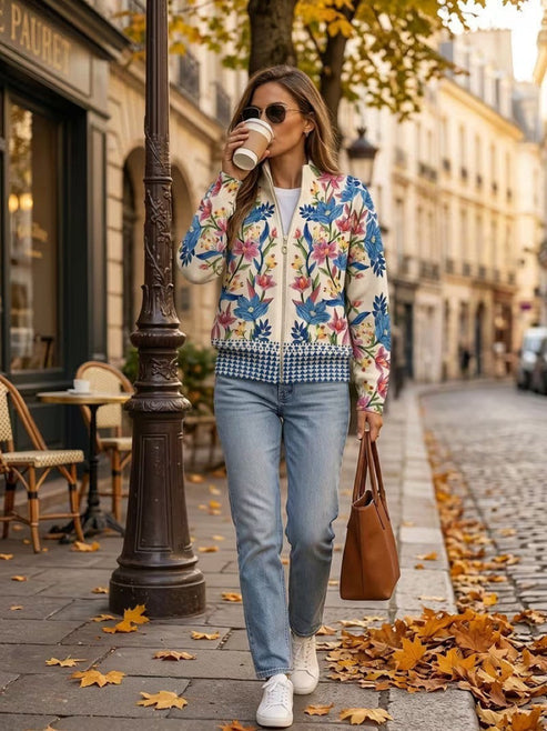 Cardigan donna floreale con zip frontale e collo alto