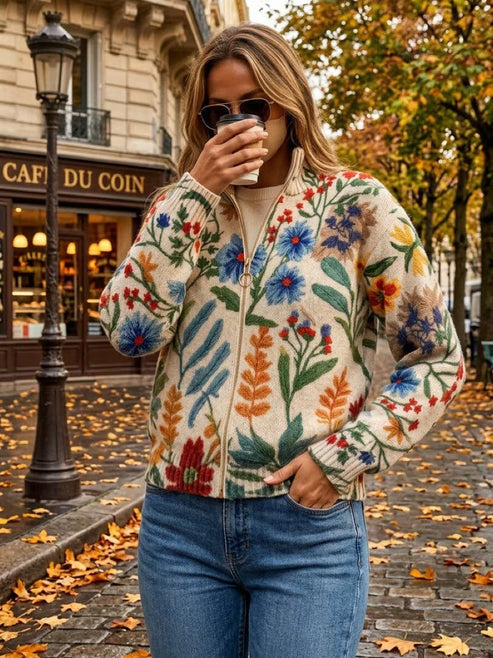 Cardigan donna floreale con zip frontale e collo alto