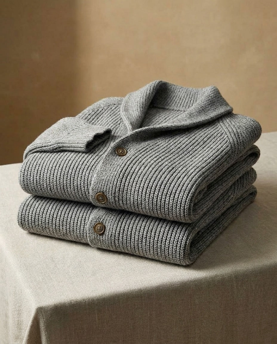 Cardigan uomo in maglia a coste con collo a scialle e bottoni