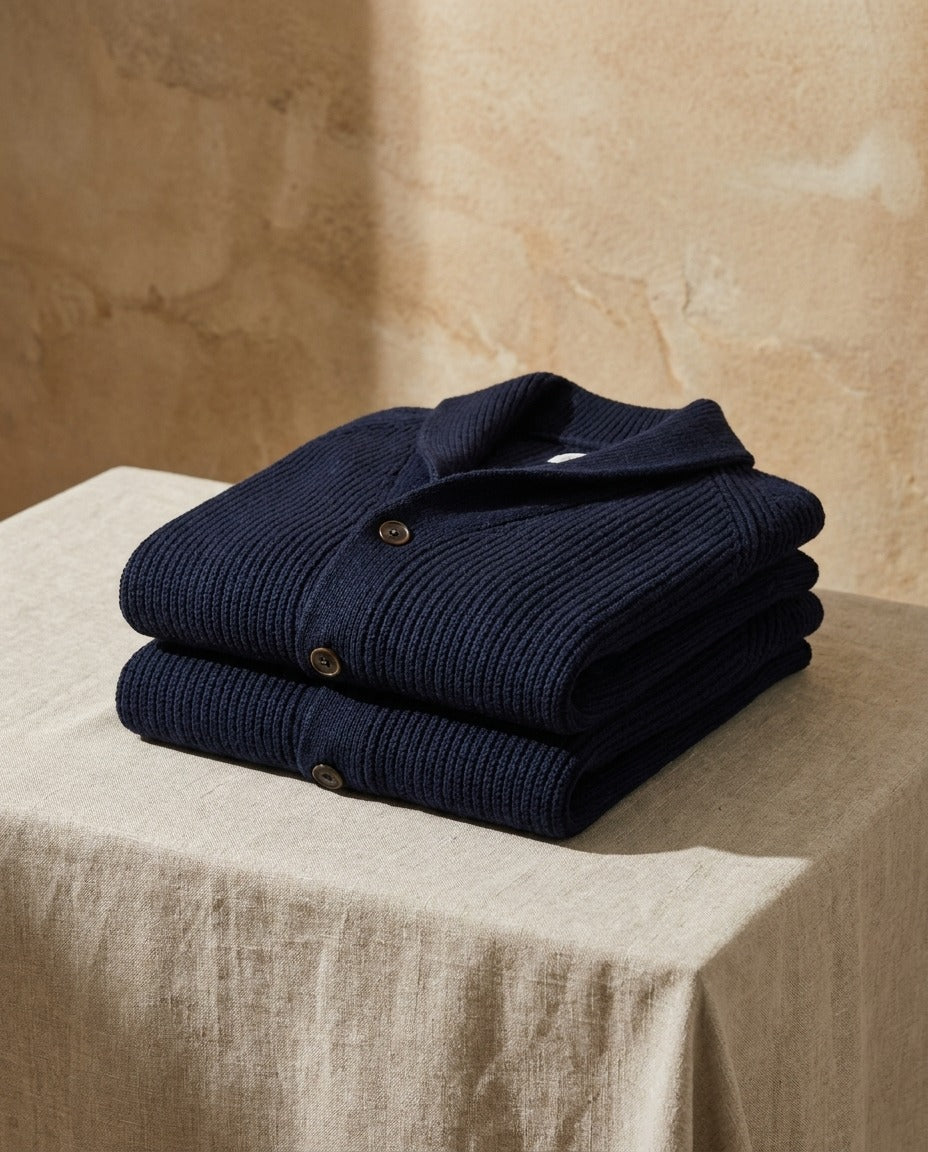Cardigan uomo in maglia a coste con collo a scialle e bottoni