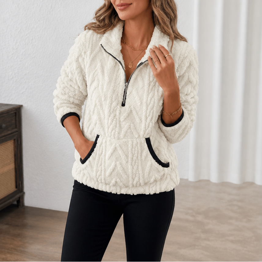 Felpa donna in pile con mezza zip e tasca a marsupio