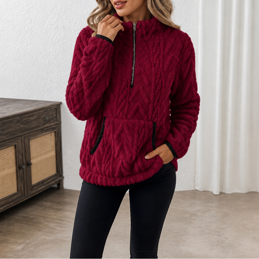 Felpa donna in pile con mezza zip e tasca a marsupio