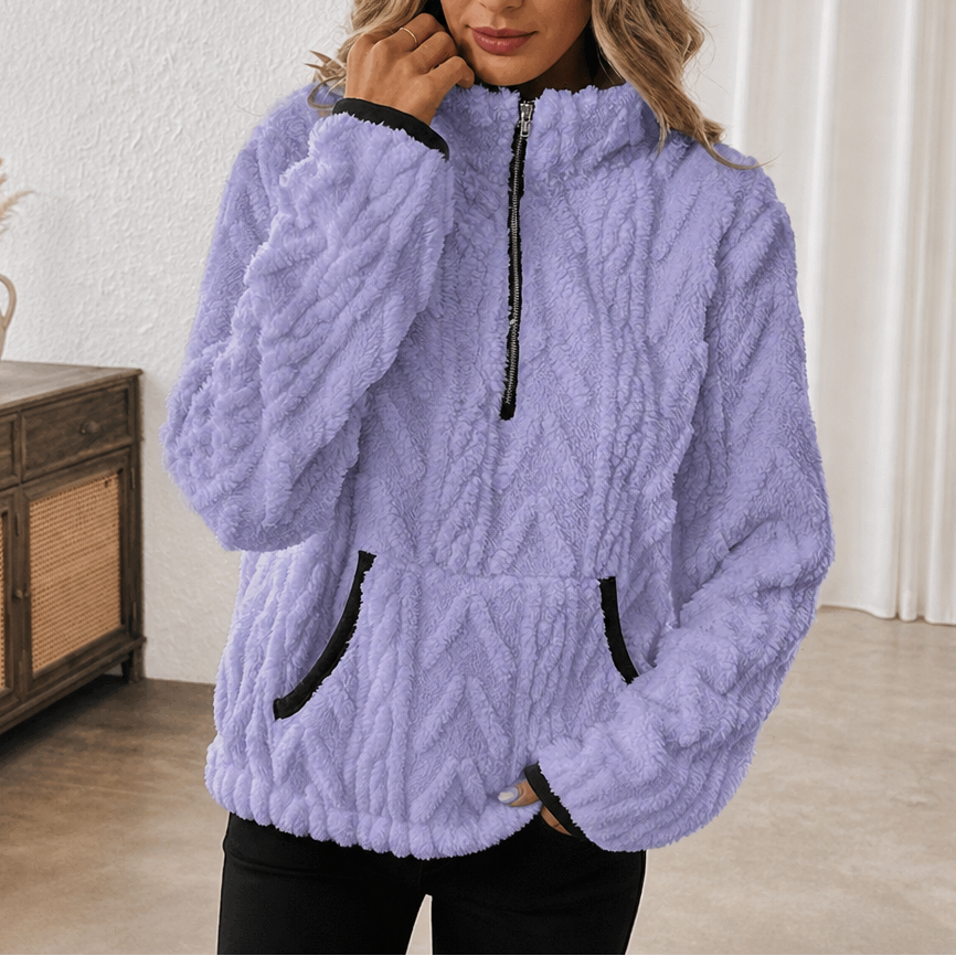 Felpa donna in pile con mezza zip e tasca a marsupio
