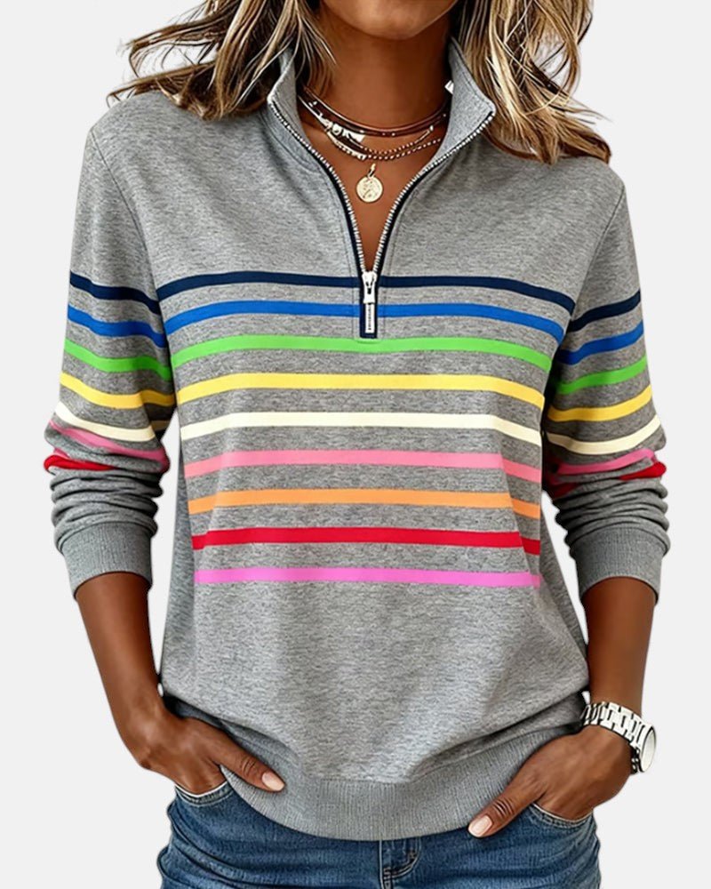 Felpa donna a righe con mezza zip e vestibilità ampia