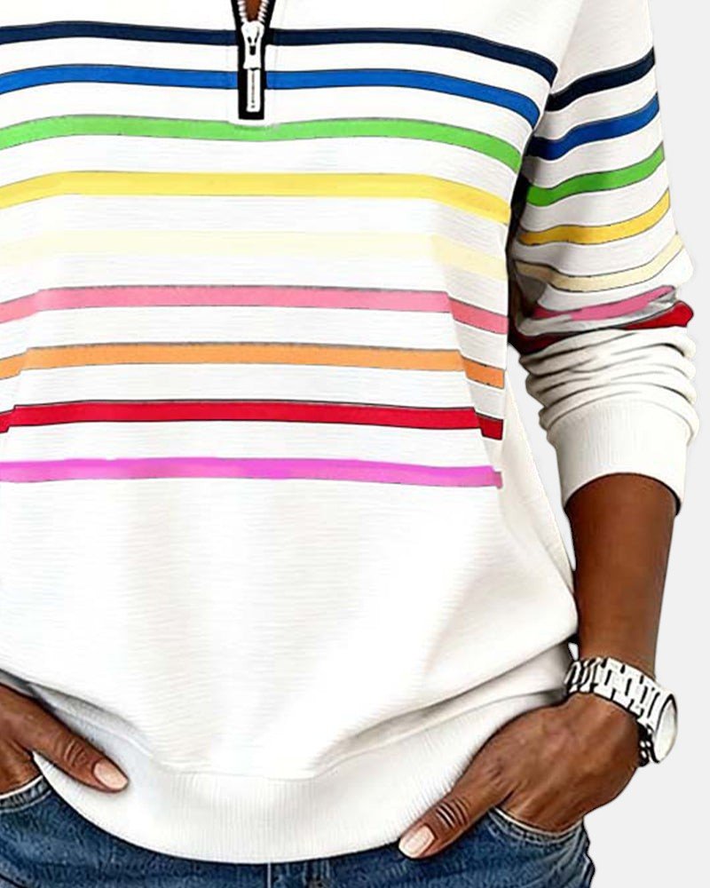 Felpa donna a righe con mezza zip e vestibilità ampia