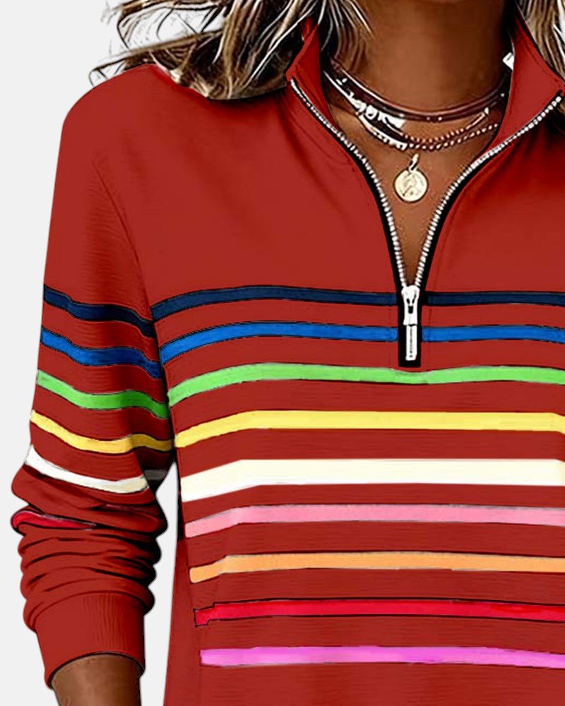 Felpa donna a righe con mezza zip e vestibilità ampia