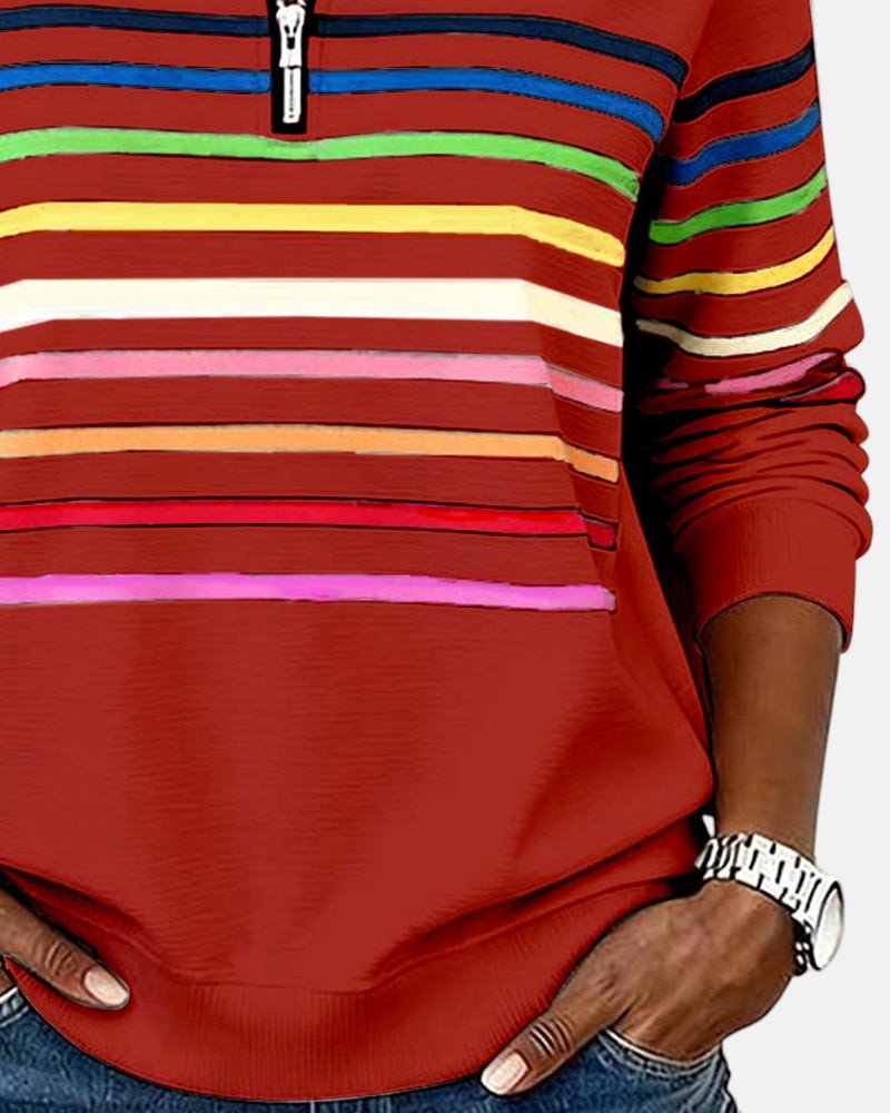 Felpa donna a righe con mezza zip e vestibilità ampia