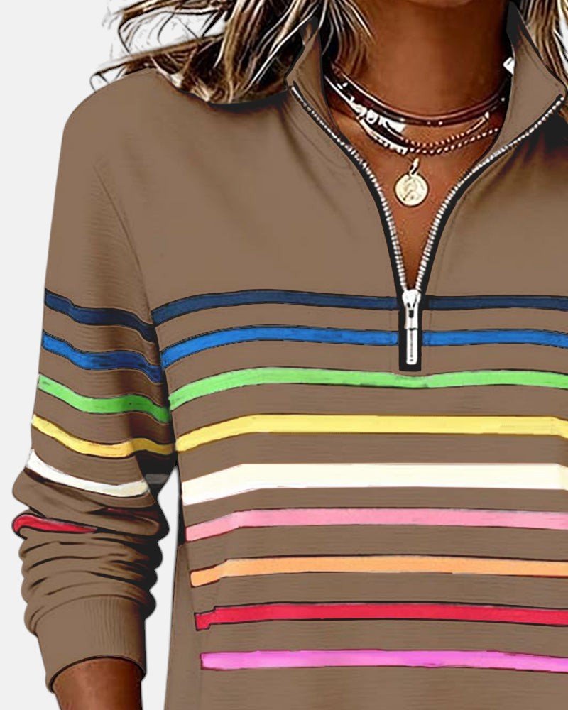 Felpa donna a righe con mezza zip e vestibilità ampia