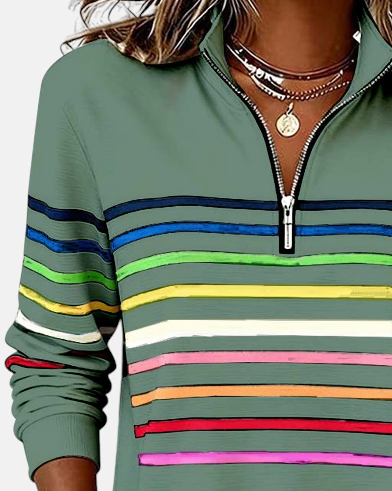 Felpa donna a righe con mezza zip e vestibilità ampia