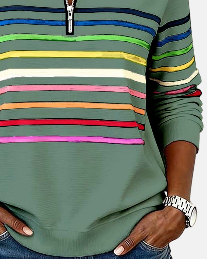 Felpa donna a righe con mezza zip e vestibilità ampia