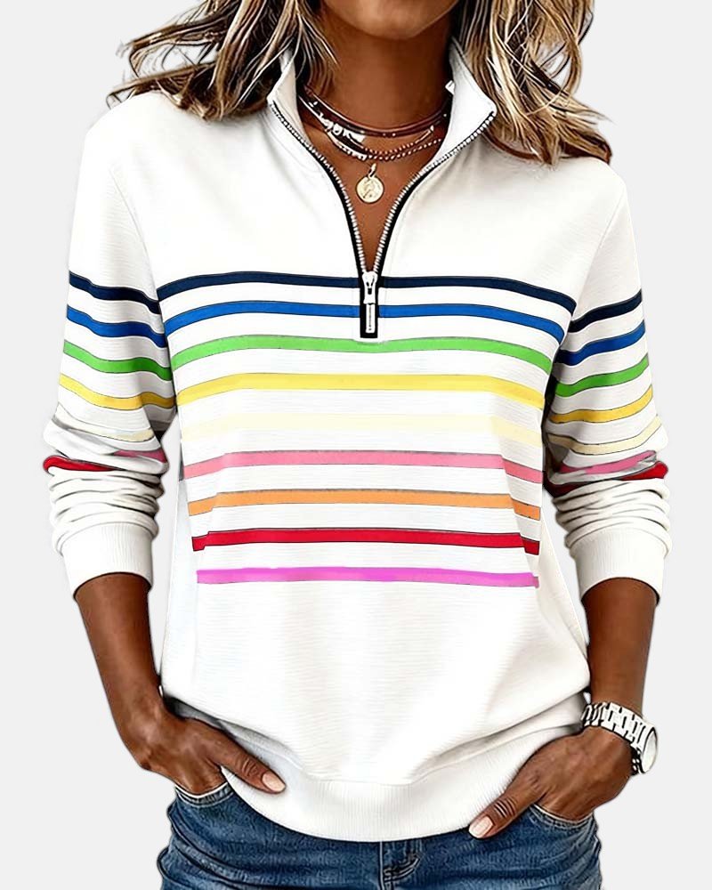 Felpa donna a righe con mezza zip e vestibilità ampia