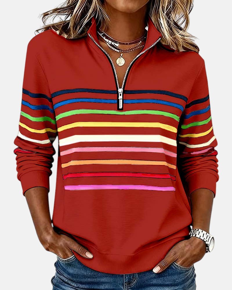 Felpa donna a righe con mezza zip e vestibilità ampia