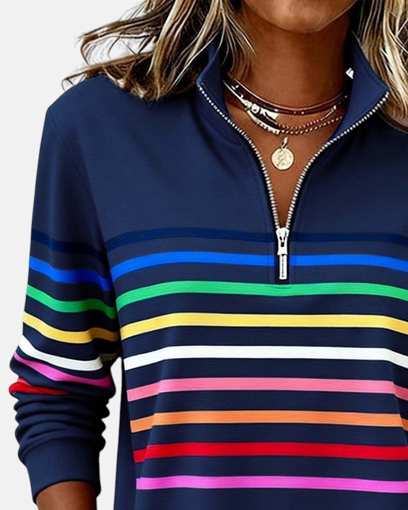 Felpa donna a righe con mezza zip e vestibilità ampia